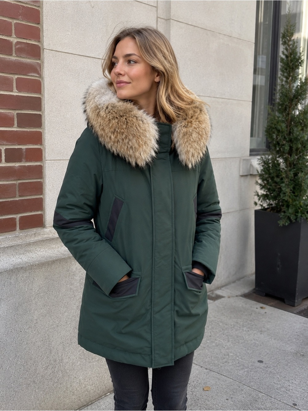 Women's Green Parka with Fur Trim